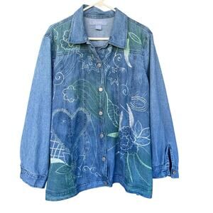 Liz &‎ Me Womens Embroidered Button Up Shirt Plus Size 1X Jean Boho Floral Heart